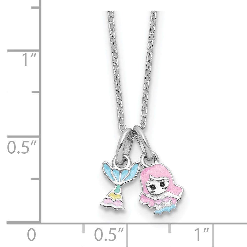Sterling Silver RH-plated Enamel Multi-color Mermaid 16 Inch Necklace