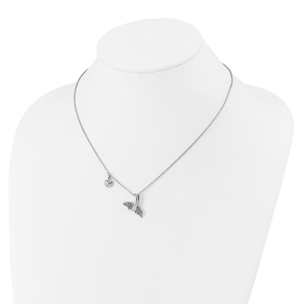 Sterling Silver Rh-plated Polished CZ Whale Tail 17.75in Necklace