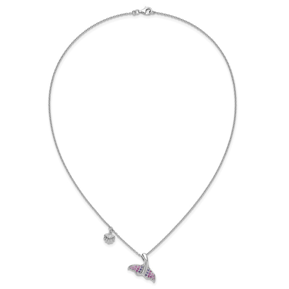 Sterling Silver Rh-plated Polished CZ Whale Tail 17.75in Necklace