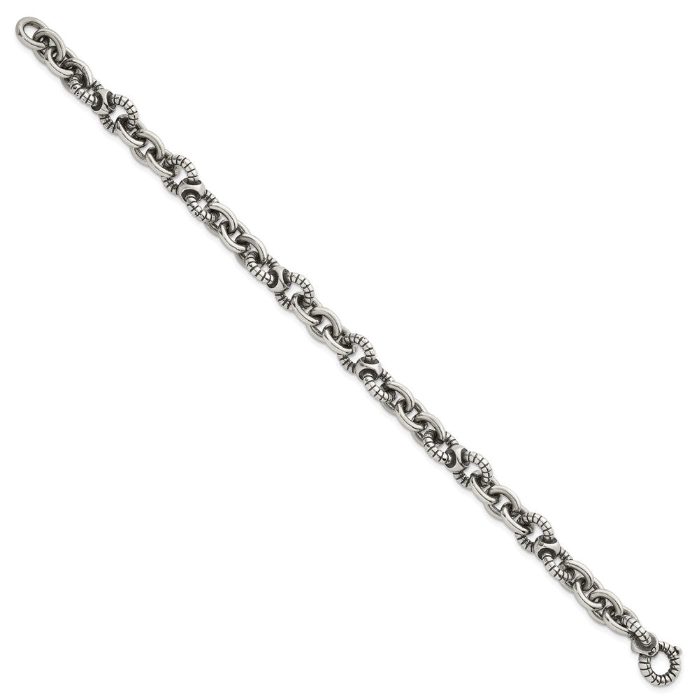 Sterling Silver Oxidized Round Textured Link Men's Bracelet
