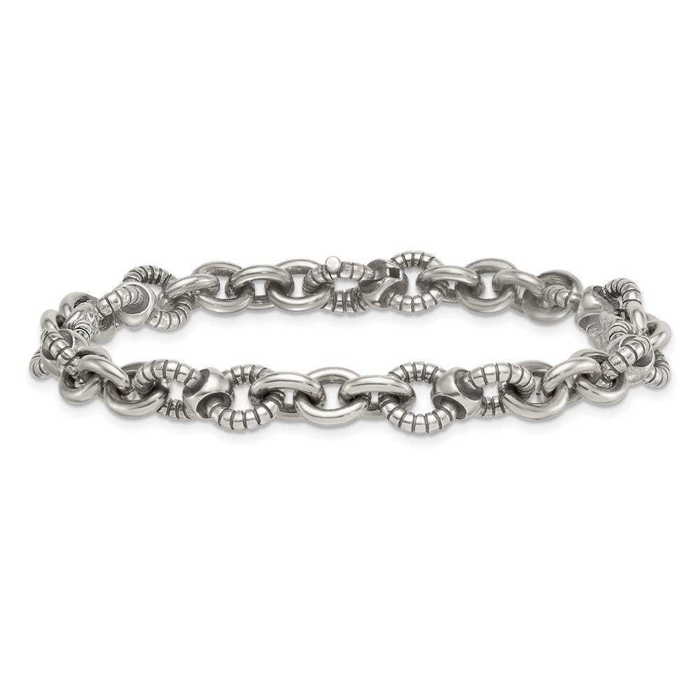 Sterling Silver Oxidized Round Textured Link Men's Bracelet