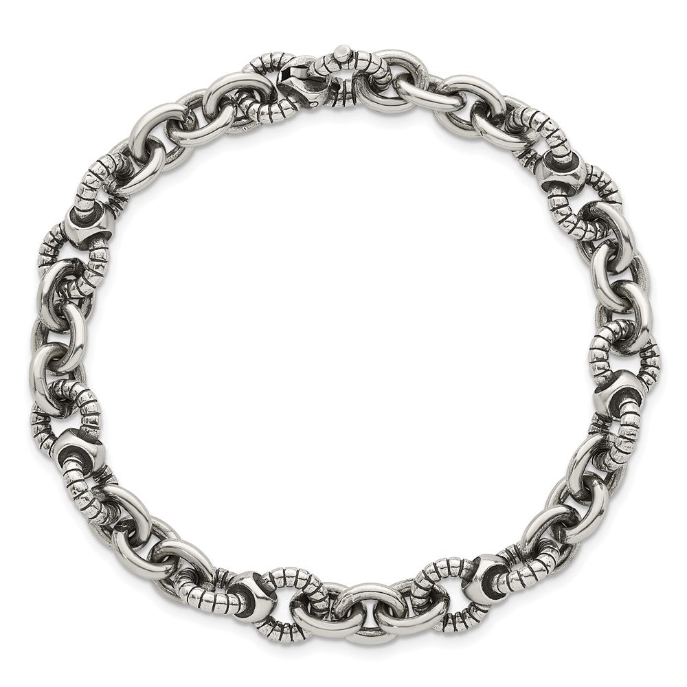 Sterling Silver Oxidized Round Textured Link Men's Bracelet
