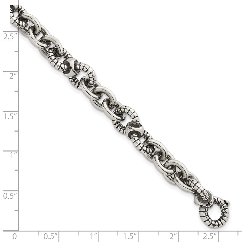 Sterling Silver Oxidized Round Textured Link Men's Bracelet