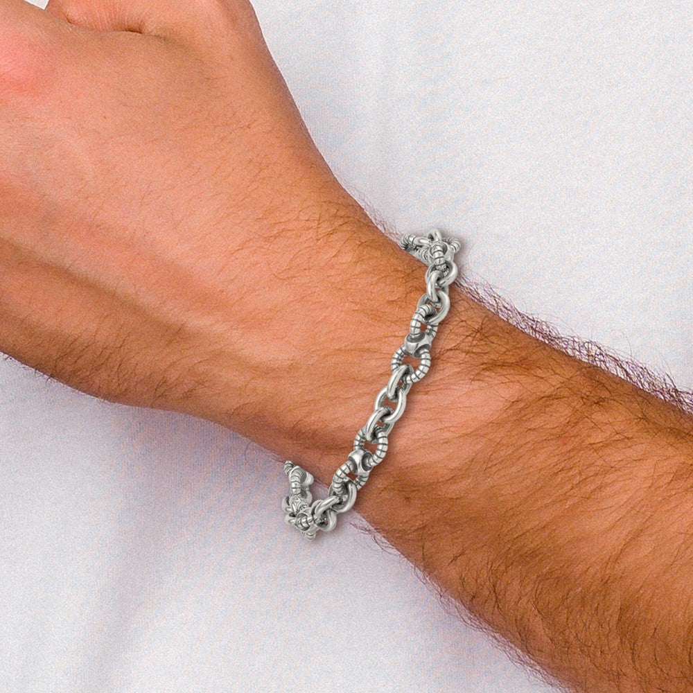Sterling Silver Oxidized Round Textured Link Men's Bracelet