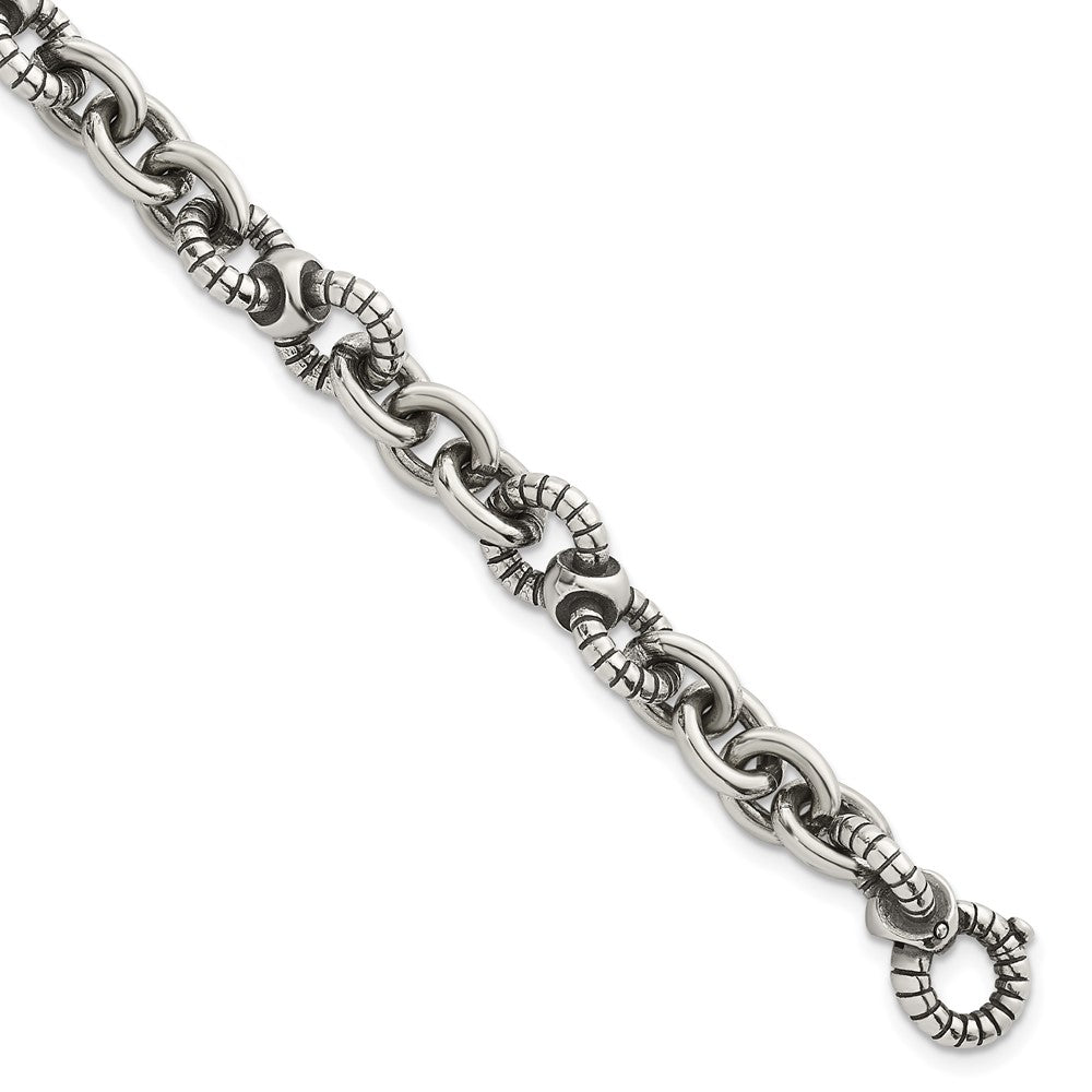 Sterling Silver Oxidized Round Textured Link Men's Bracelet