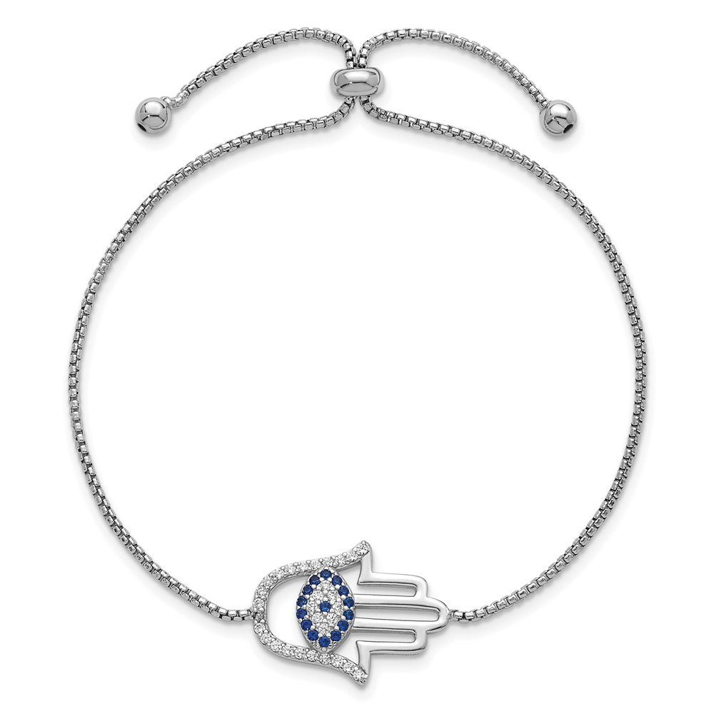 SS RH-pltd Polished CZ and Cr. Blue Spinel Evil Eye Hamsa Adj Bolo Bracelet