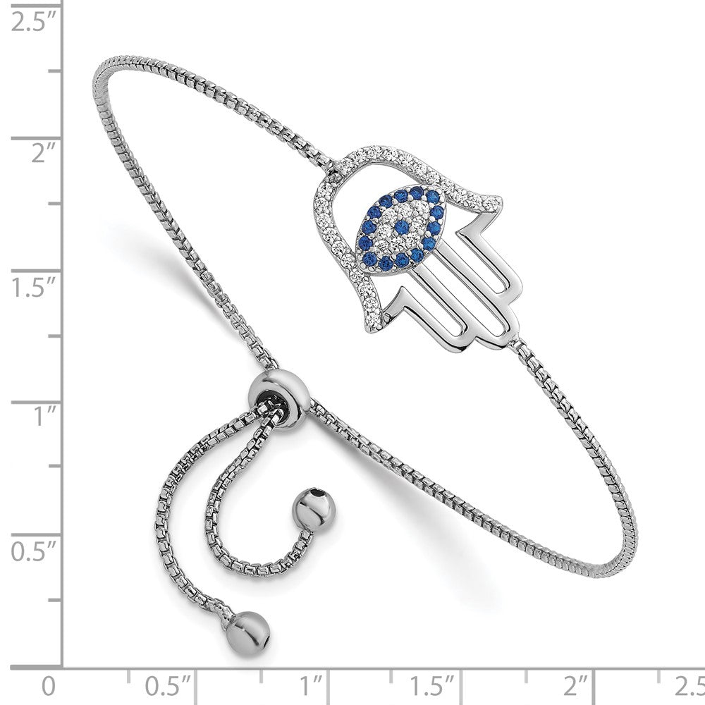 SS RH-pltd Polished CZ and Cr. Blue Spinel Evil Eye Hamsa Adj Bolo Bracelet
