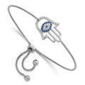 SS RH-pltd Polished CZ and Cr. Blue Spinel Evil Eye Hamsa Adj Bolo Bracelet