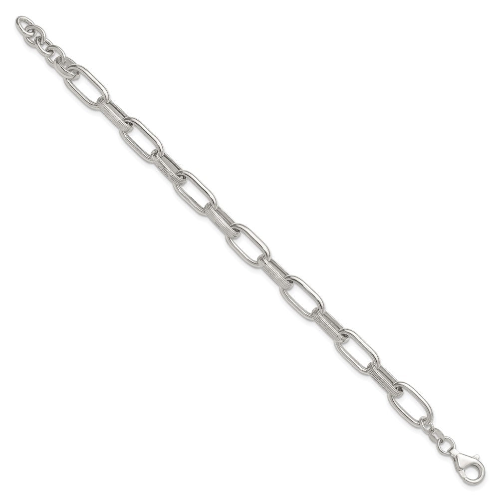 Sterling Silver Polished and Textured w/.5in Ext Oval Link Bracelet