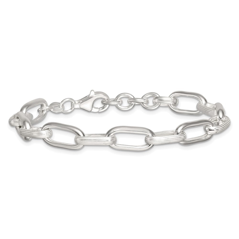Sterling Silver Polished and Textured w/.5in Ext Oval Link Bracelet