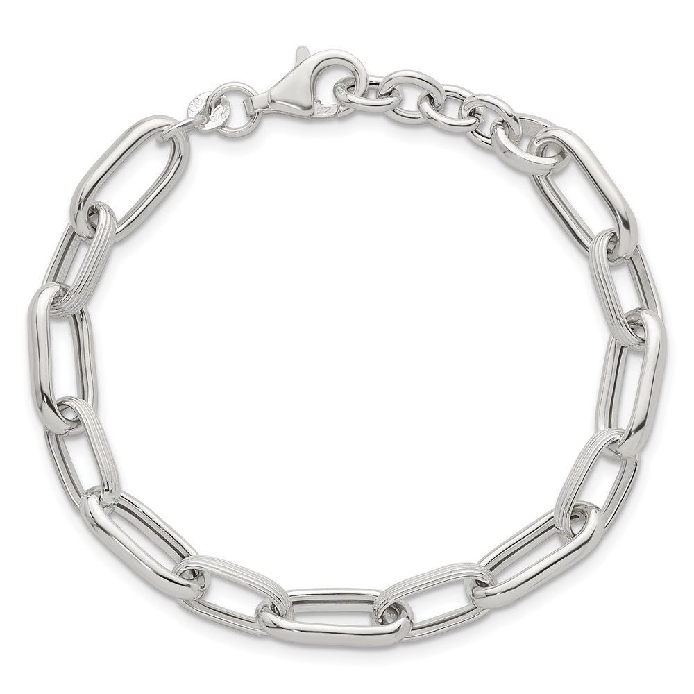 Sterling Silver Polished and Textured w/.5in Ext Oval Link Bracelet