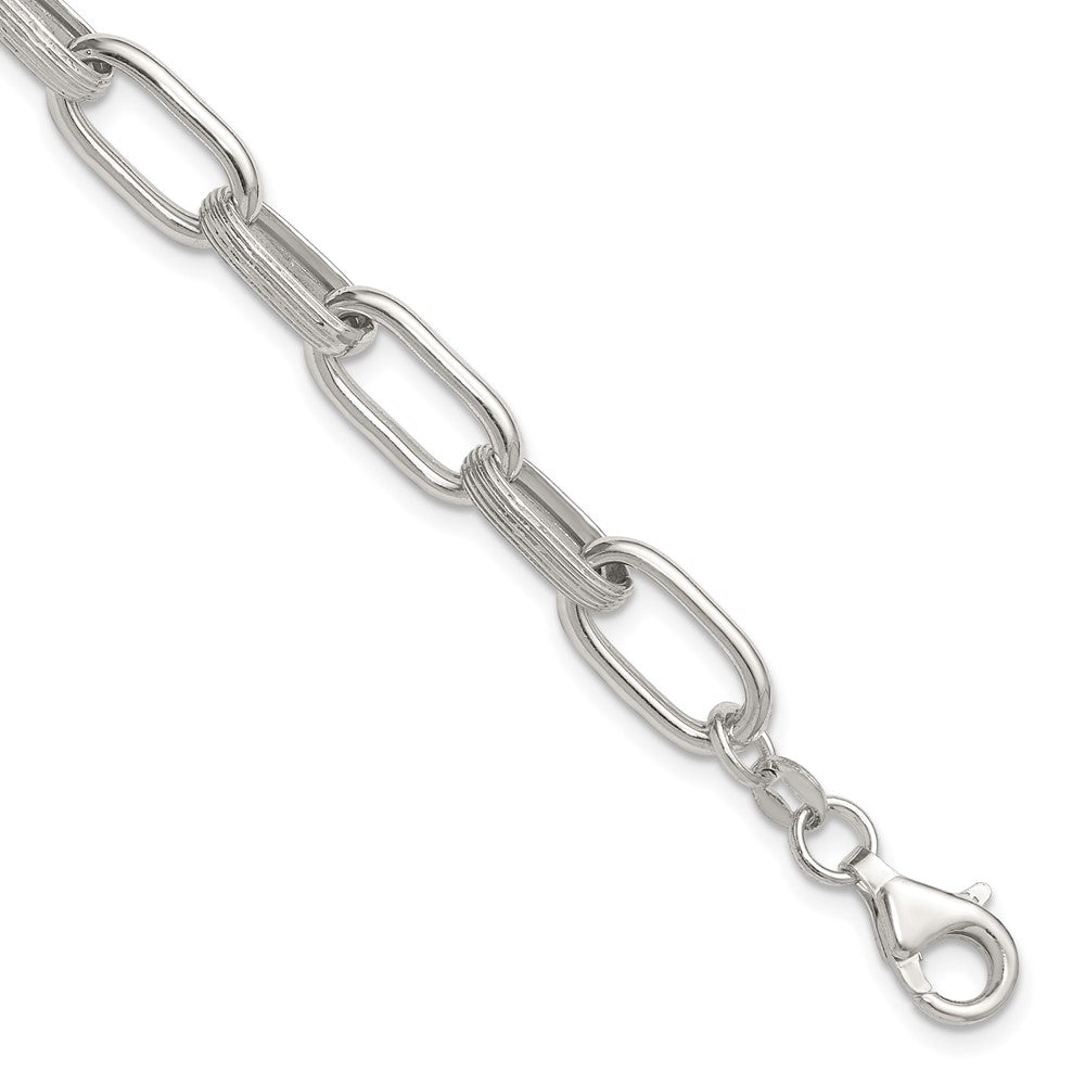 Sterling Silver Polished and Textured w/.5in Ext Oval Link Bracelet