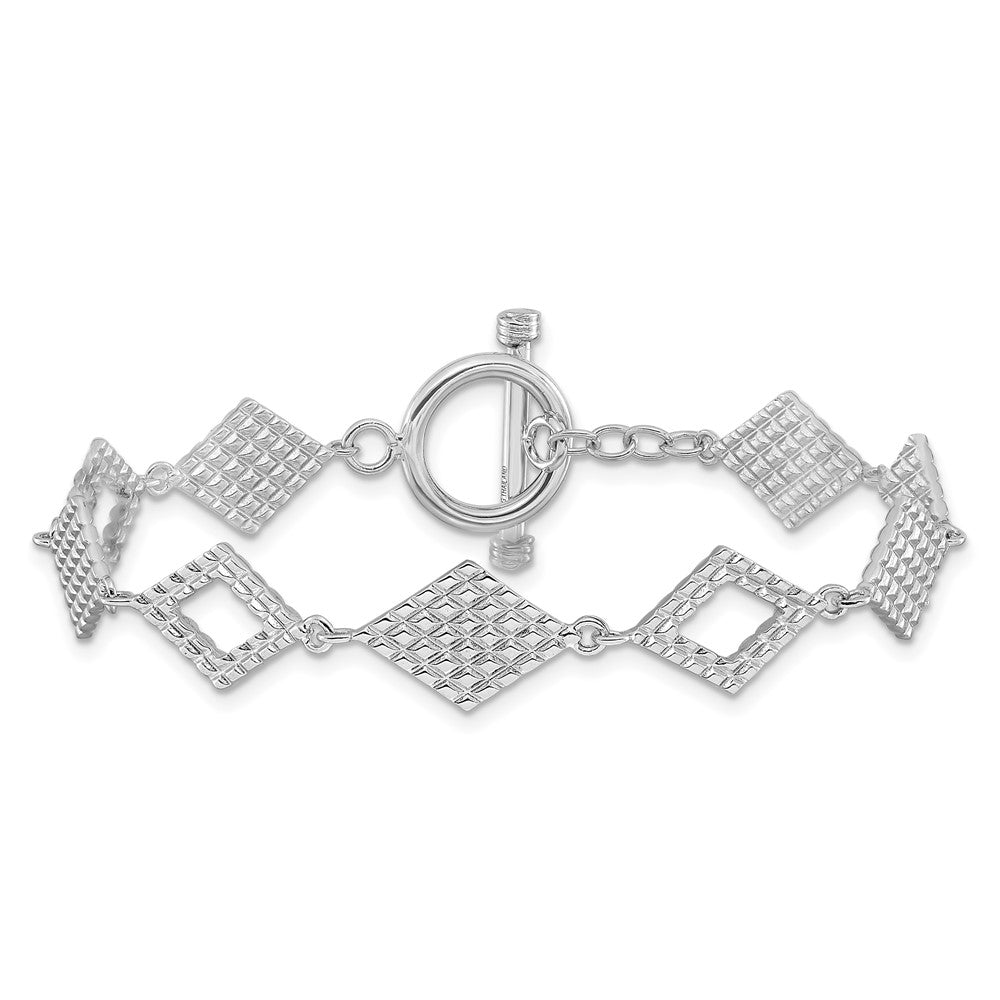 Sterling Silver Rh-plated Diamond Shape Textured 7.5in Toggle Bracelet