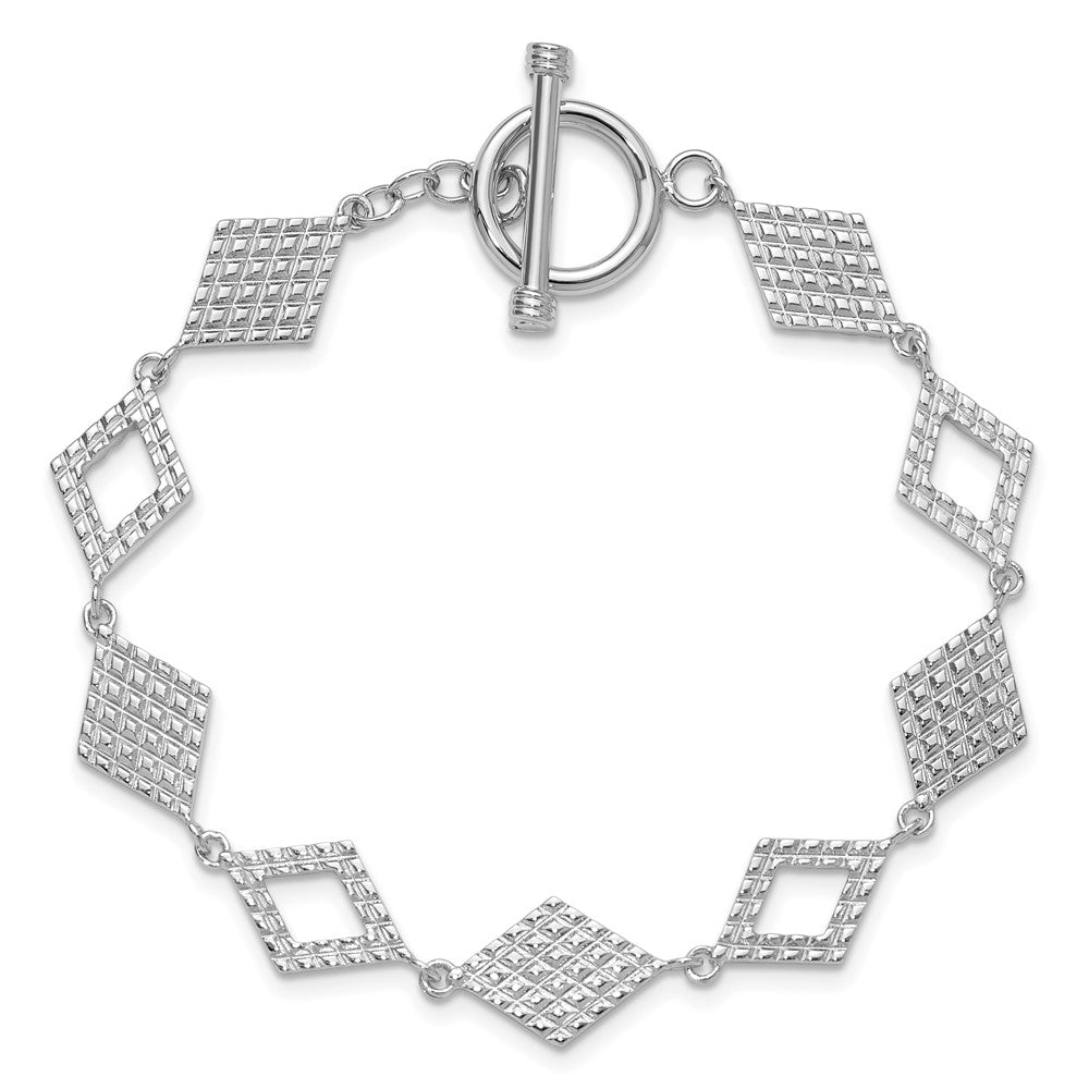 Sterling Silver Rh-plated Diamond Shape Textured 7.5in Toggle Bracelet