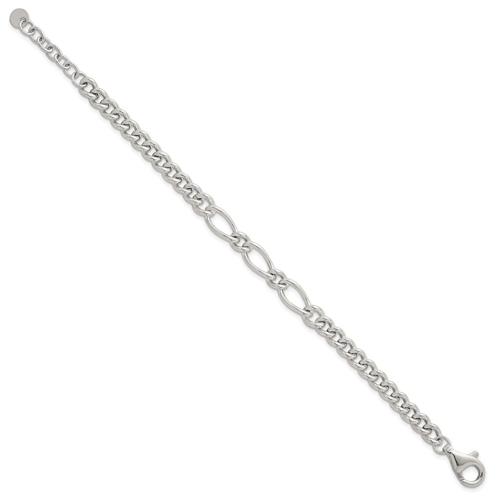 Sterling Silver Polished Mixed Curb Link 6.75in w/ 1in Ext Bracelet