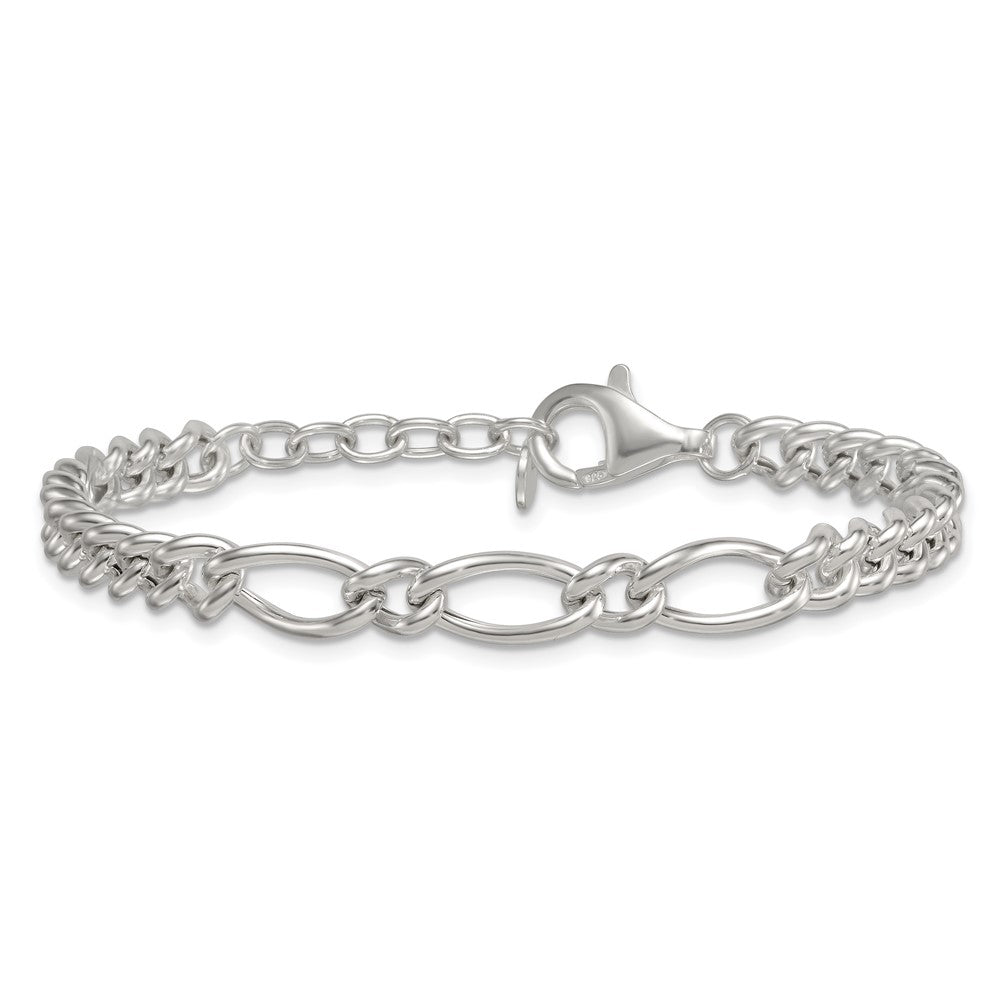 Sterling Silver Polished Mixed Curb Link 6.75in w/ 1in Ext Bracelet