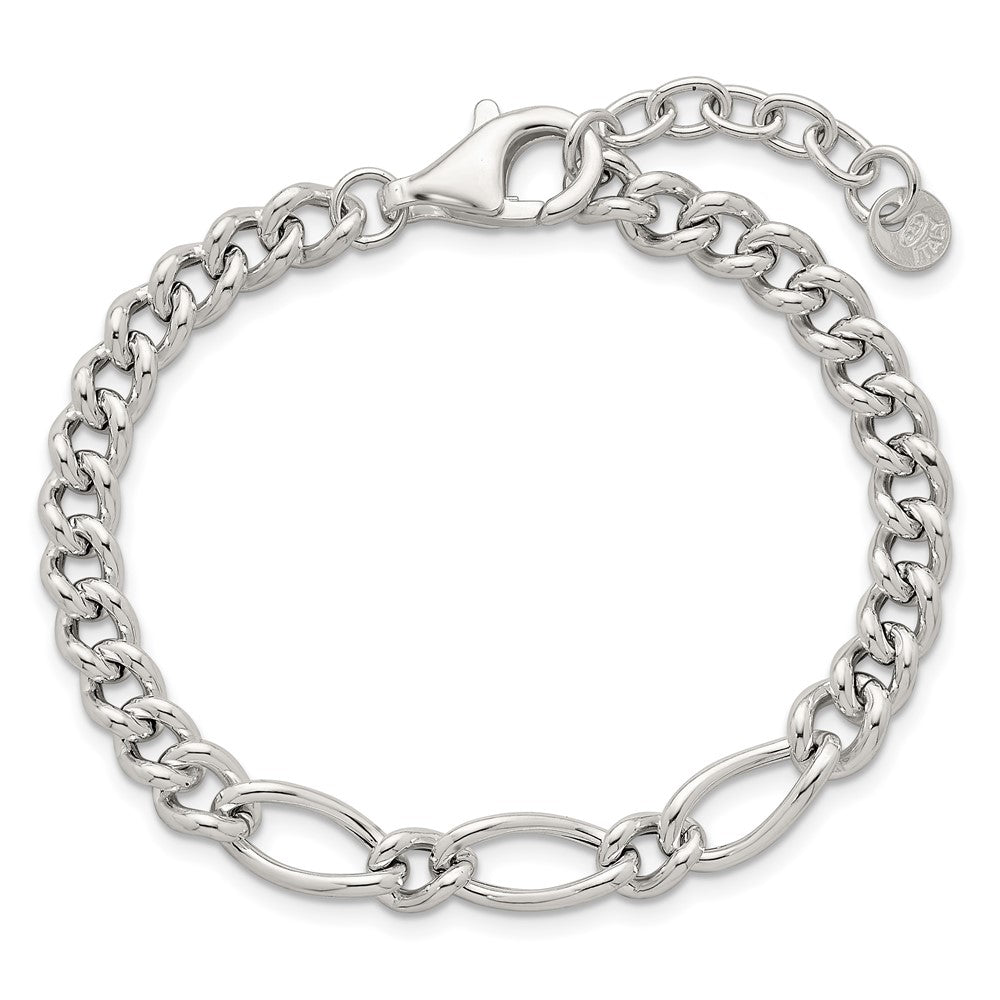 Sterling Silver Polished Mixed Curb Link 6.75in w/ 1in Ext Bracelet