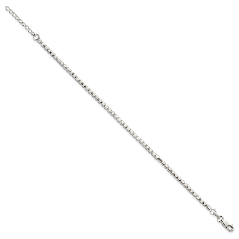 Sterling Silver Polished and Square Beaded 7in w/1in Ext. Bracelet