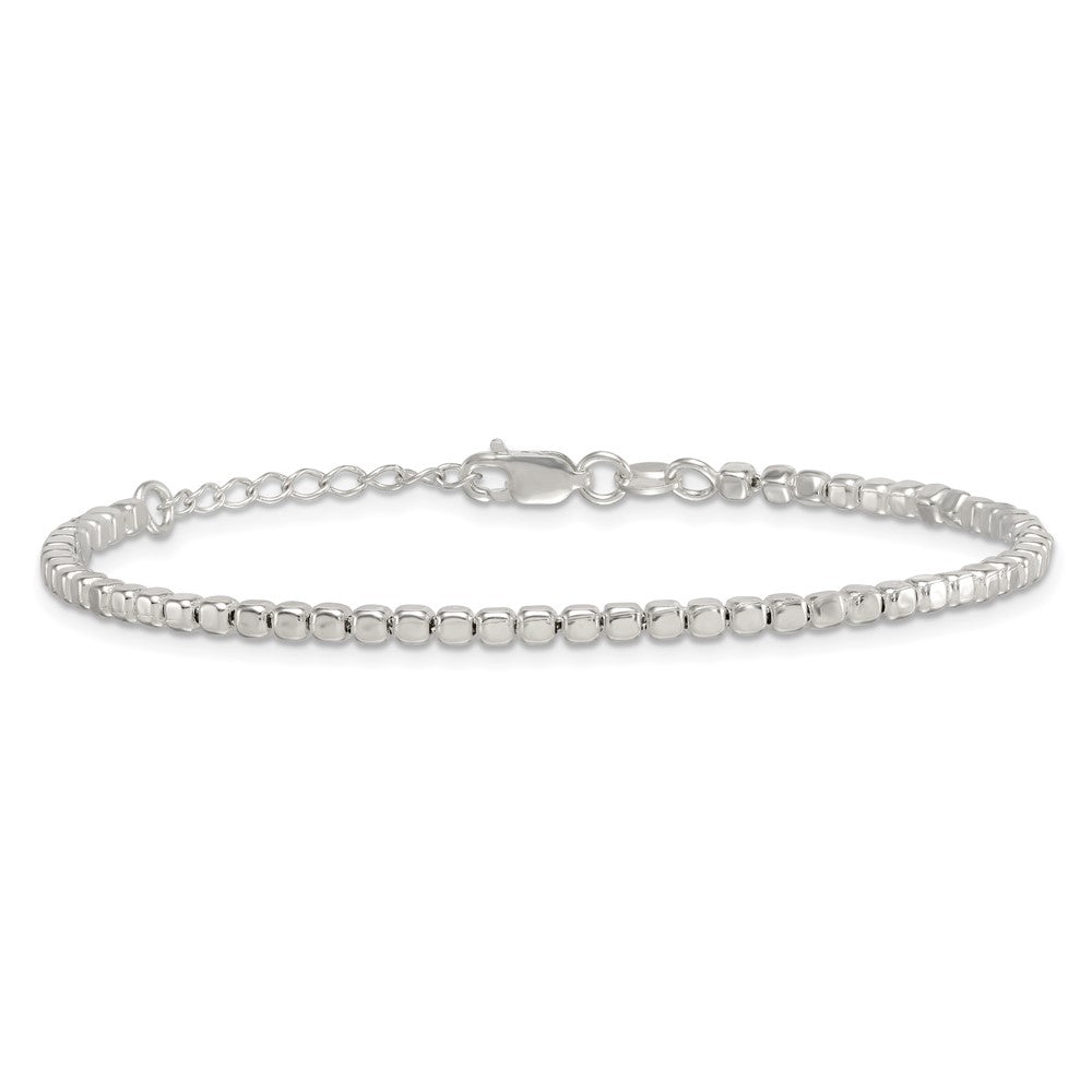 Sterling Silver Polished and Square Beaded 7in w/1in Ext. Bracelet
