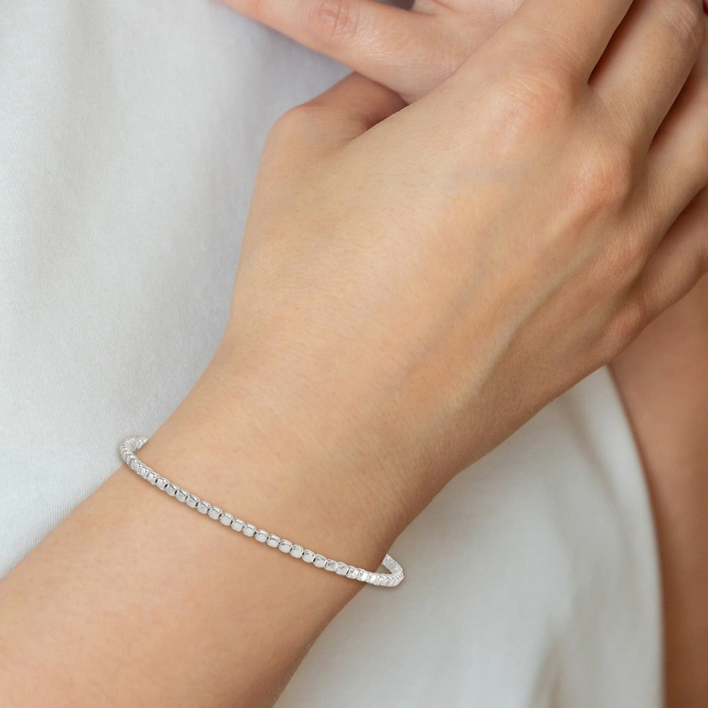 Sterling Silver Polished and Square Beaded 7in w/1in Ext. Bracelet