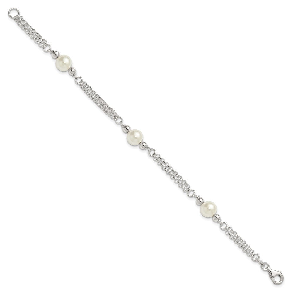Sterling Silver Polished 2-Strand Glass Pearl Bracelet