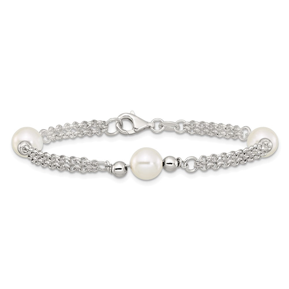 Sterling Silver Polished 2-Strand Glass Pearl Bracelet