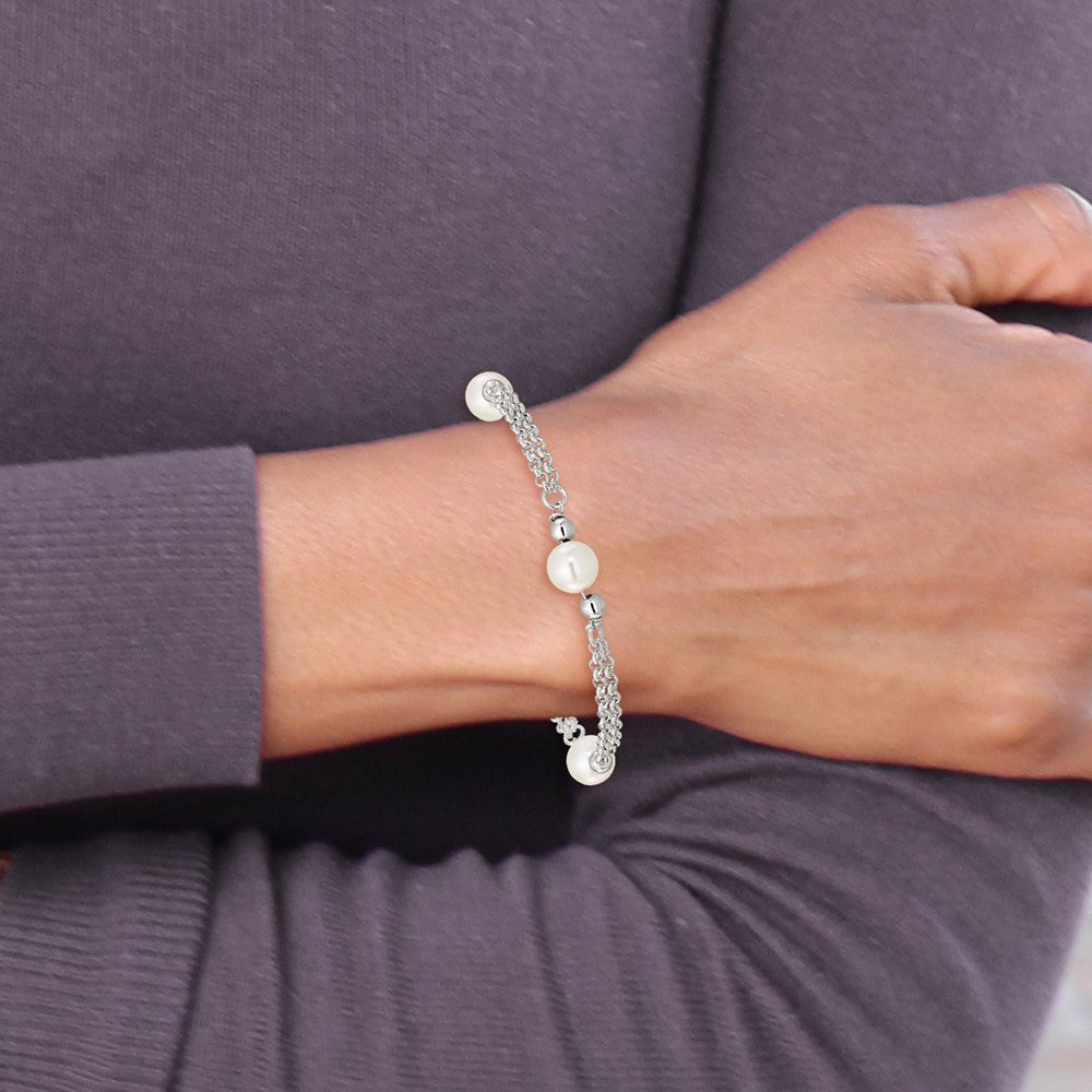 Sterling Silver Polished 2-Strand Glass Pearl Bracelet