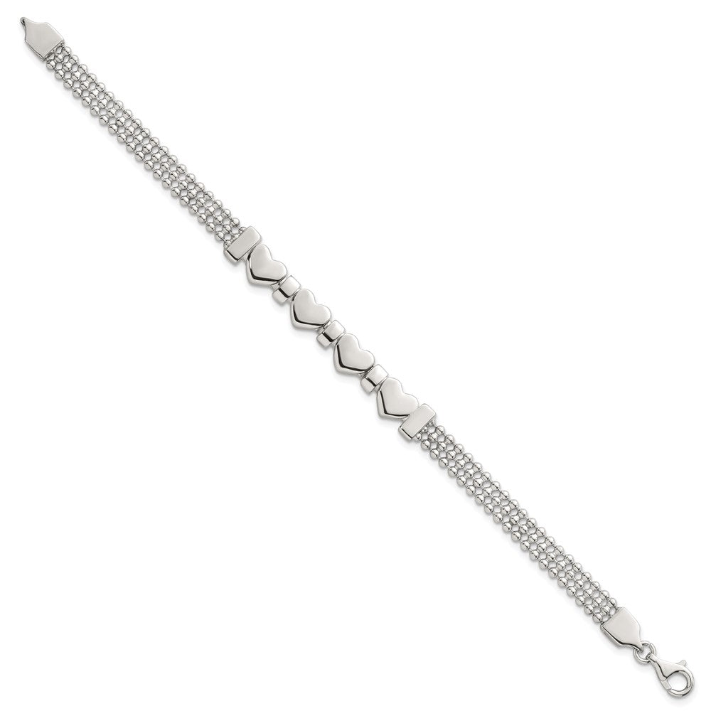 Sterling Silver Polished and Beaded Hearts 7.25 Inch Bracelet