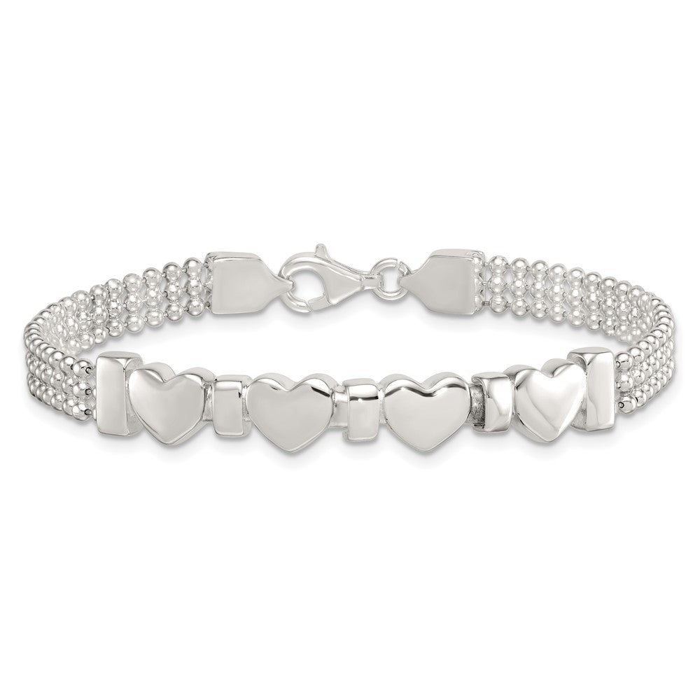 Sterling Silver Polished and Beaded Hearts 7.25 Inch Bracelet