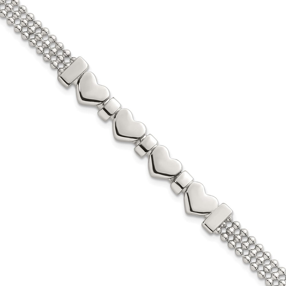 Sterling Silver Polished and Beaded Hearts 7.25 Inch Bracelet