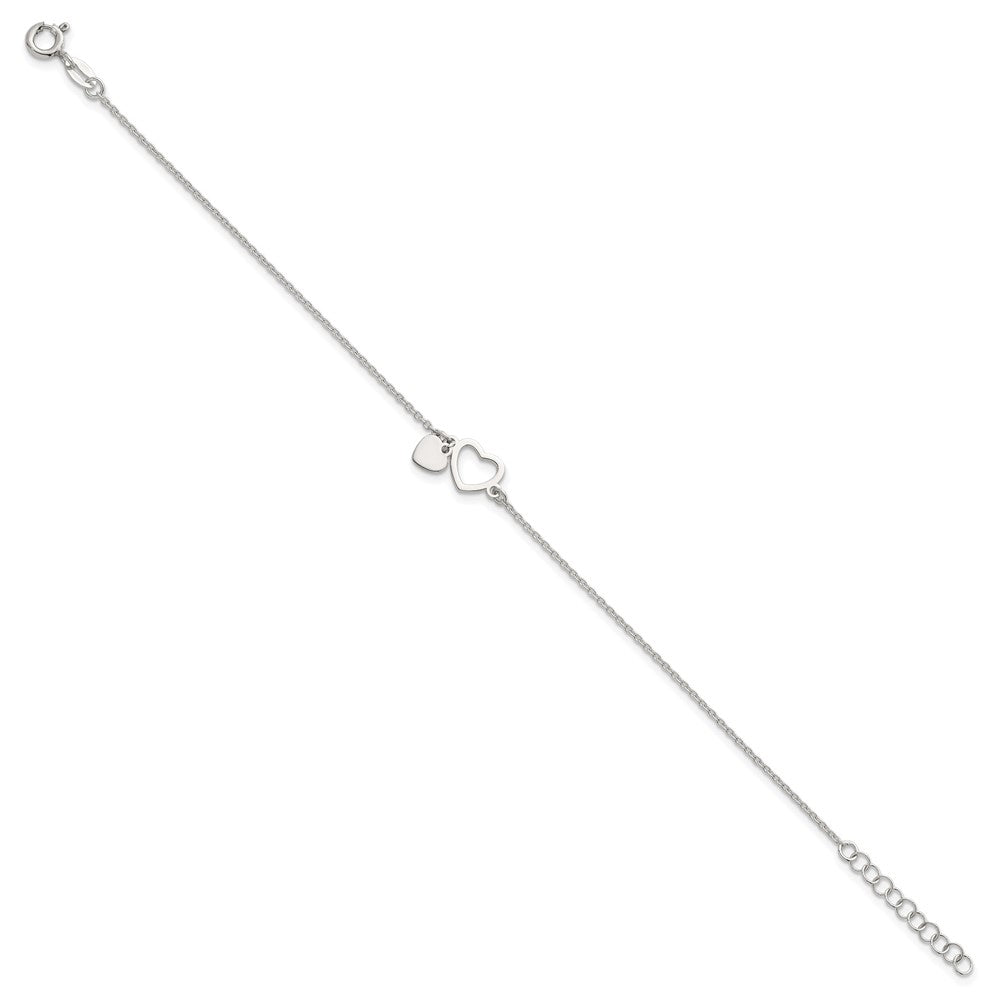 Sterling Silver Polished Double Heart w/1in Ext Bracelet