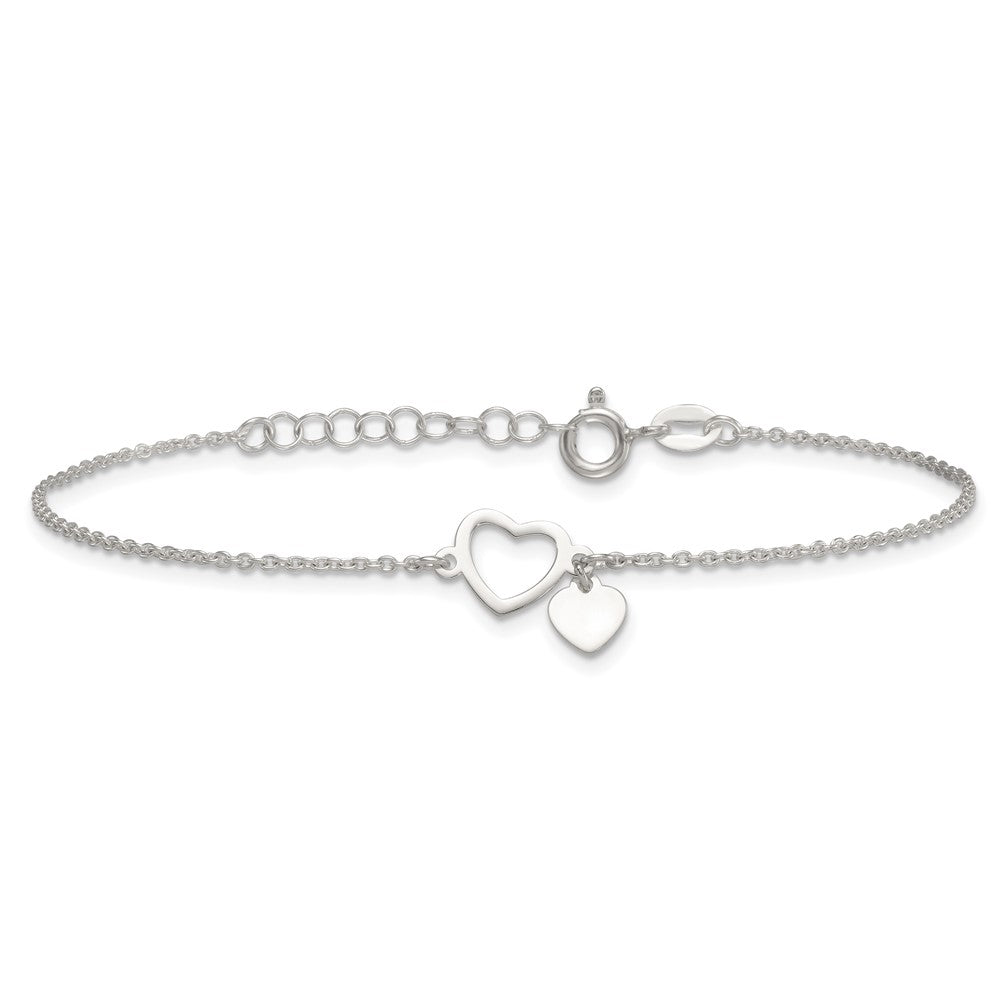 Sterling Silver Polished Double Heart w/1in Ext Bracelet