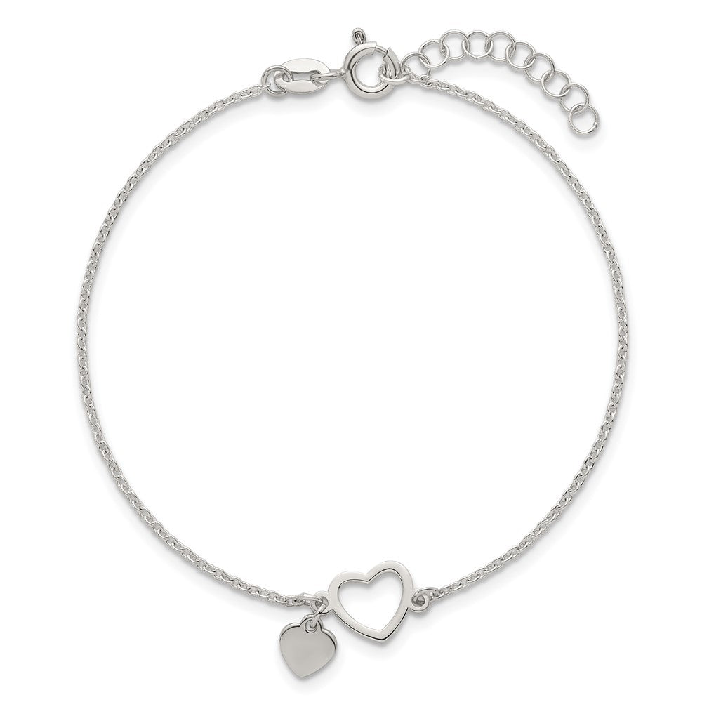 Sterling Silver Polished Double Heart w/1in Ext Bracelet