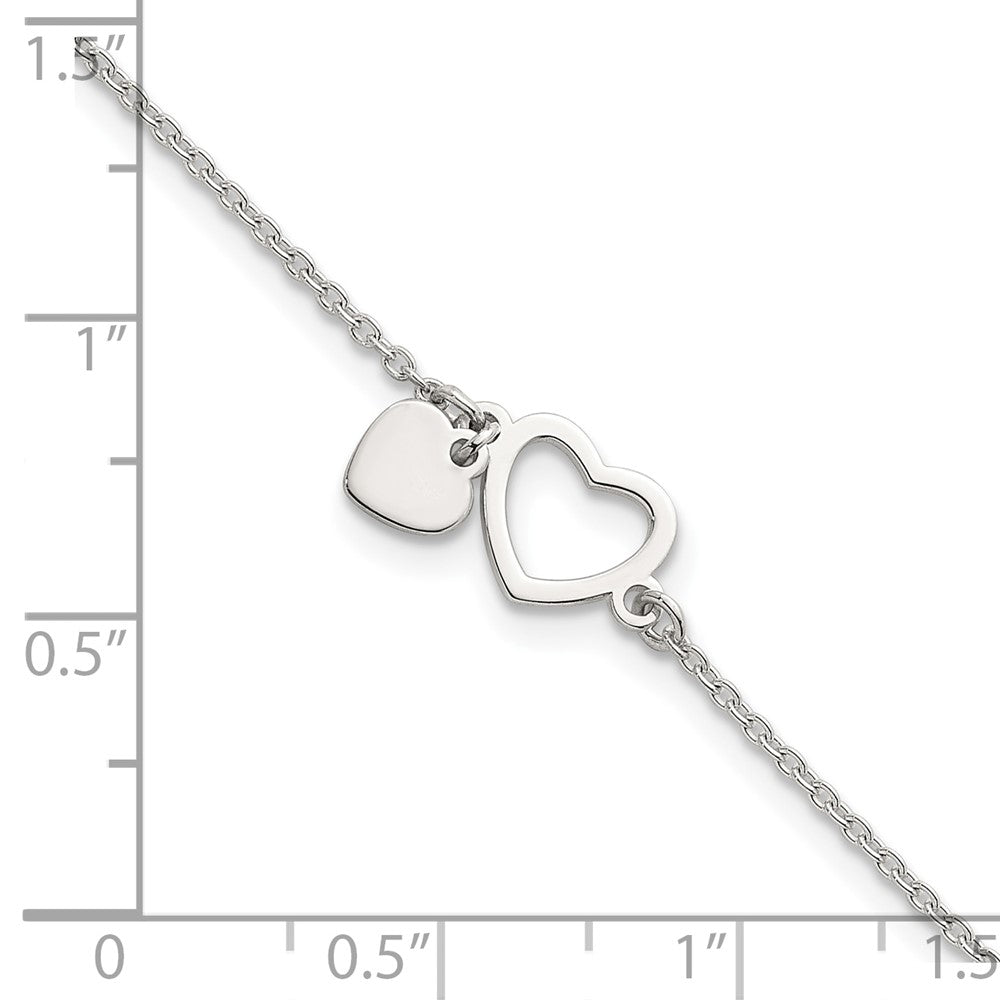 Sterling Silver Polished Double Heart w/1in Ext Bracelet