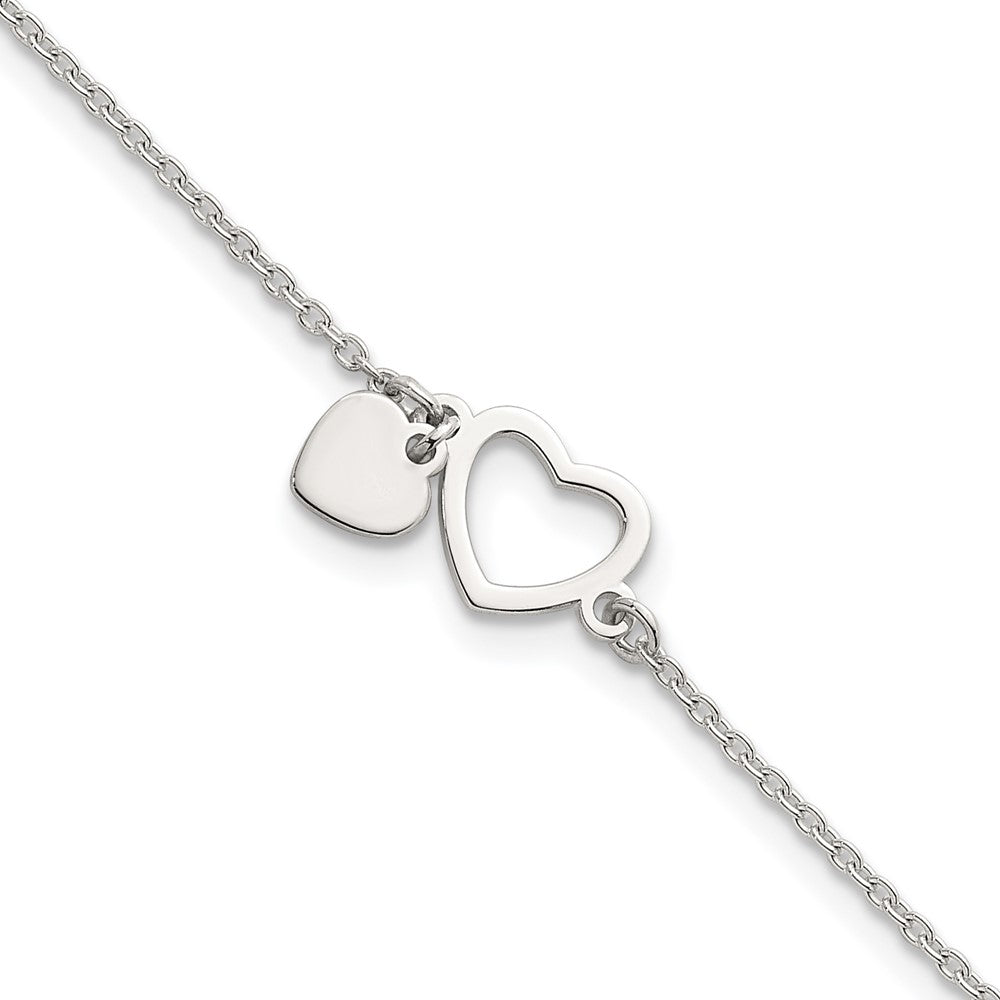 Sterling Silver Polished Double Heart w/1in Ext Bracelet