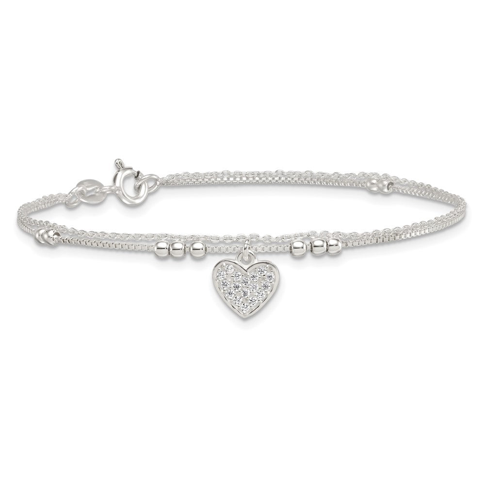 Sterling Silver Polished and Beaded CZ Heart 2-Strand Bracelet