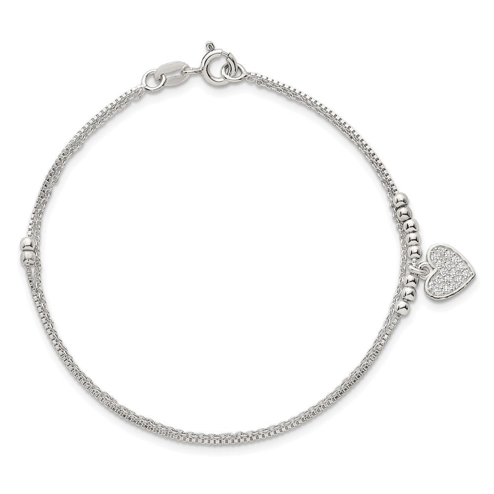 Sterling Silver Polished and Beaded CZ Heart 2-Strand Bracelet