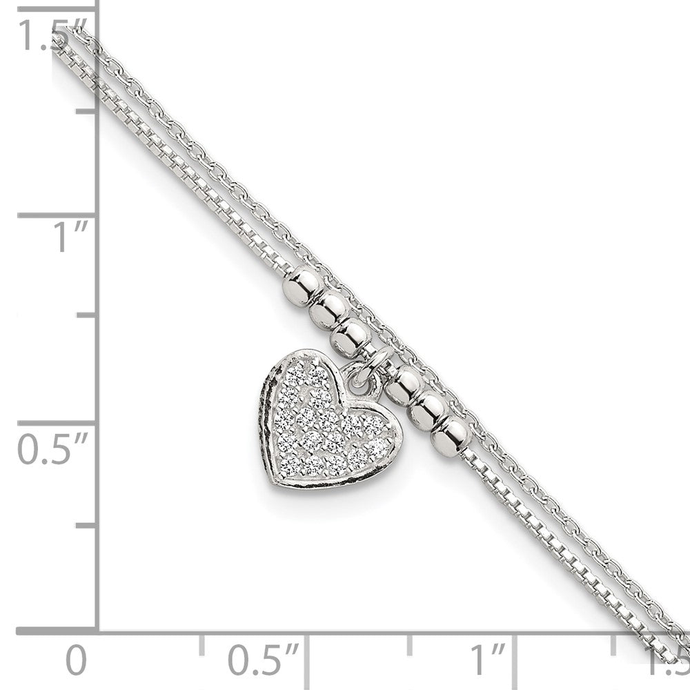 Sterling Silver Polished and Beaded CZ Heart 2-Strand Bracelet