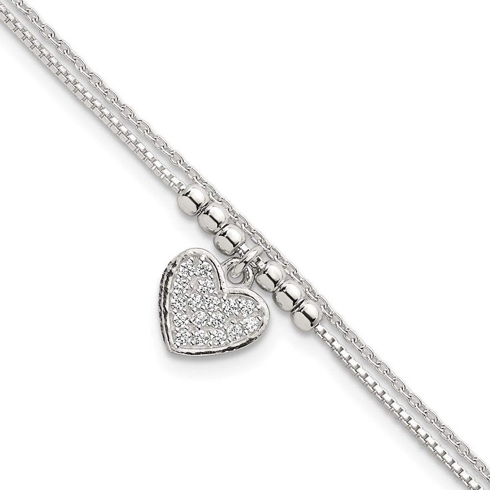 Sterling Silver Polished and Beaded CZ Heart 2-Strand Bracelet