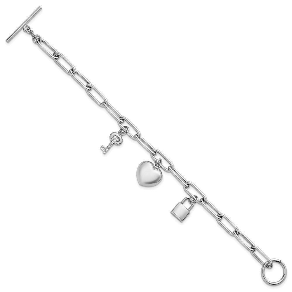 Sterling Silver RH-pl Heart Lock And Key CZ 7.5 Inch Paperclip Bracelet