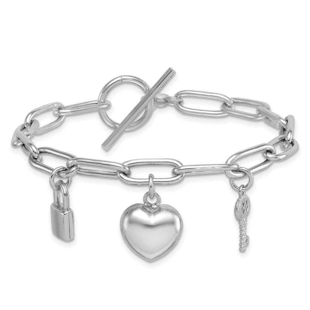 Sterling Silver RH-pl Heart Lock And Key CZ 7.5 Inch Paperclip Bracelet