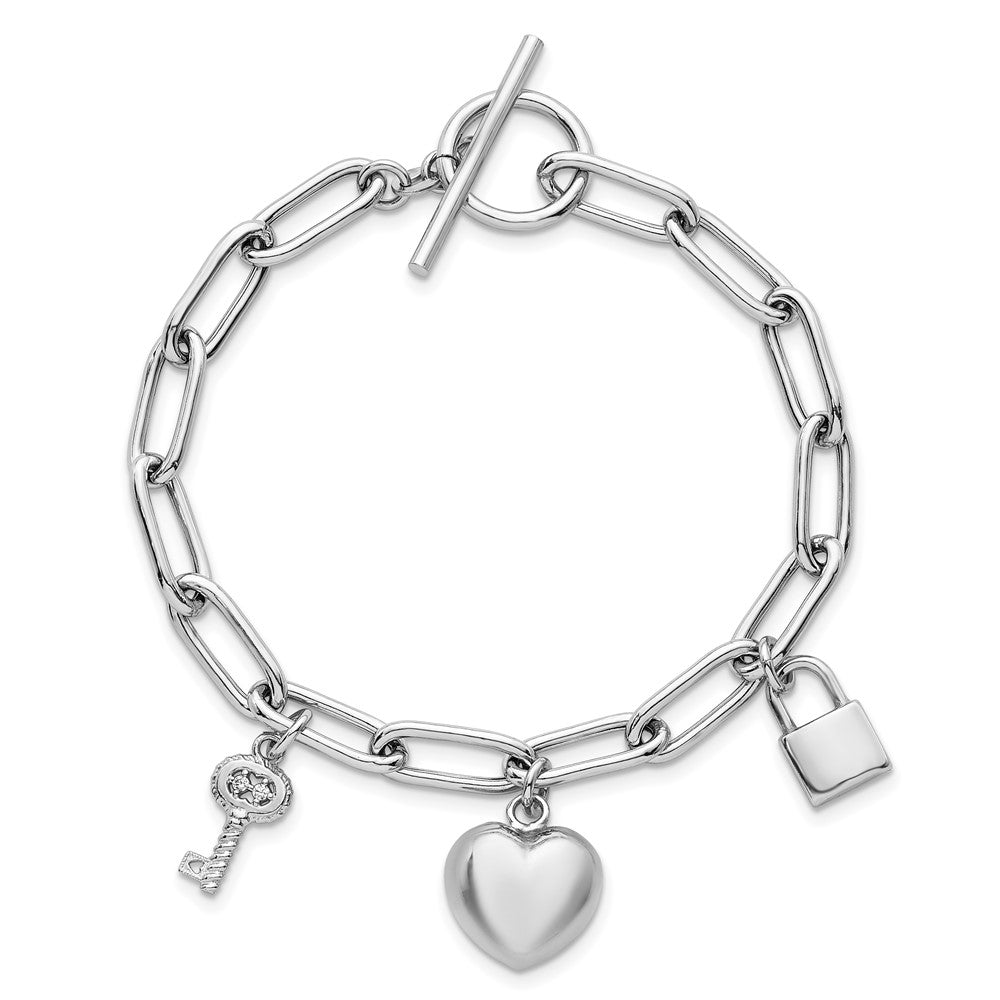 Sterling Silver RH-pl Heart Lock And Key CZ 7.5 Inch Paperclip Bracelet