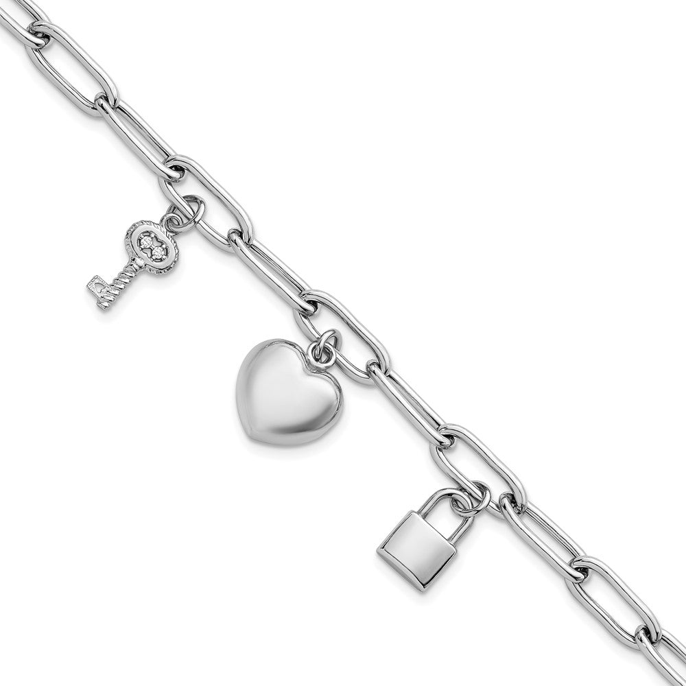 Sterling Silver RH-pl Heart Lock And Key CZ 7.5 Inch Paperclip Bracelet