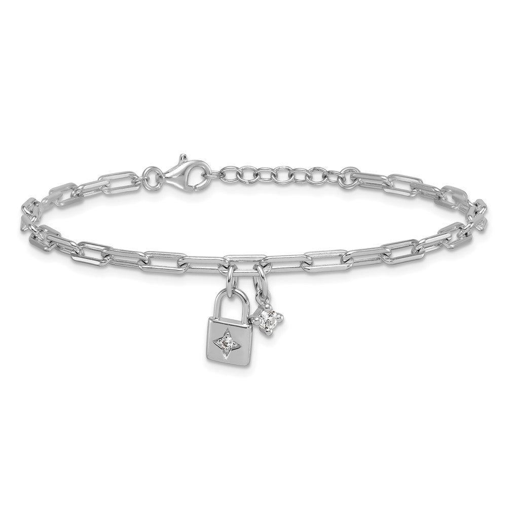Sterling Silver Rhodium-plated Polished CZ Lock w/.75in Ext Bracelet