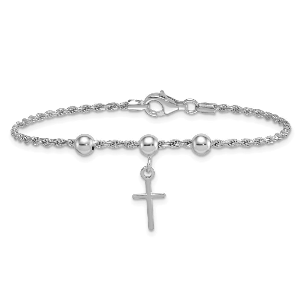 Sterling Silver Rhodium-plated Bead with Cross Bracelet