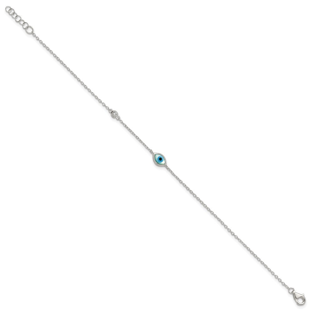 Sterling Silver CZ and Mother Of Pearl Evil Eye 6.75in w/.5in Ext Bracelet