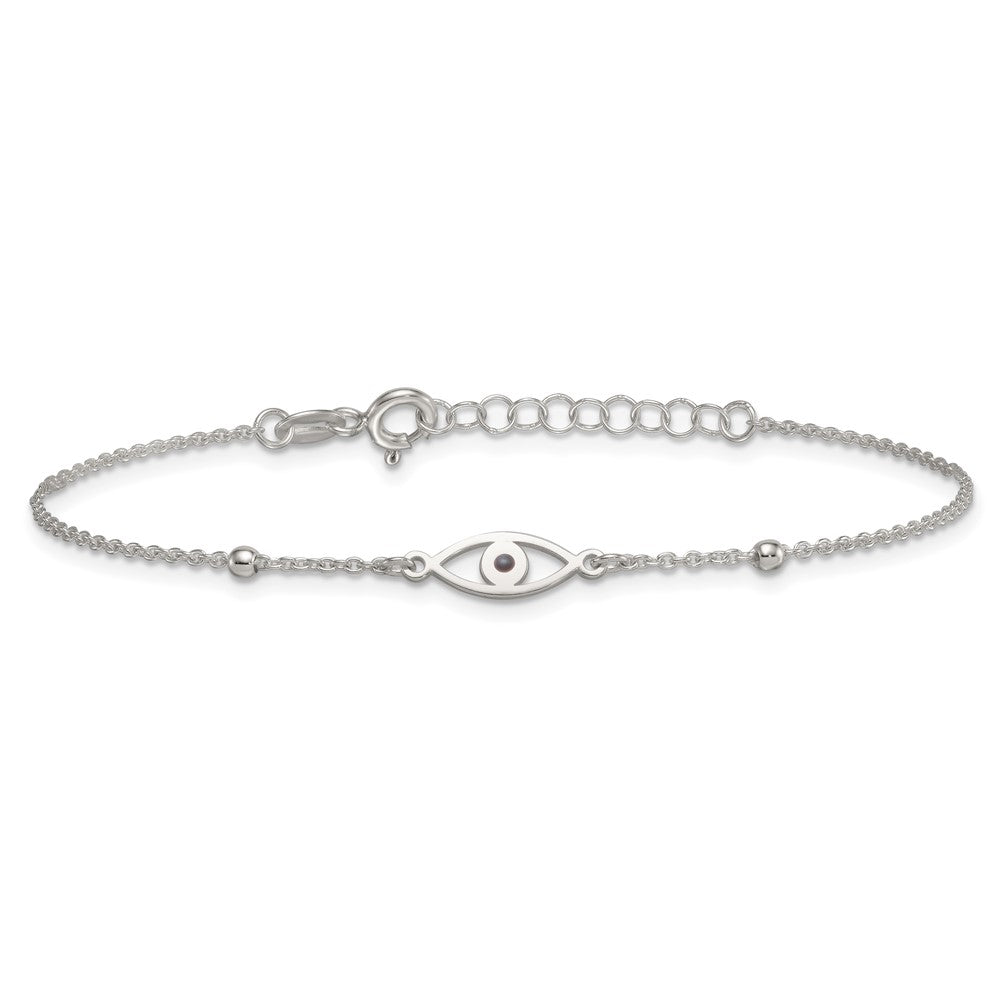 Sterling Silver Polished Black Enamel Evil Eye w/1in Ext Bracelet