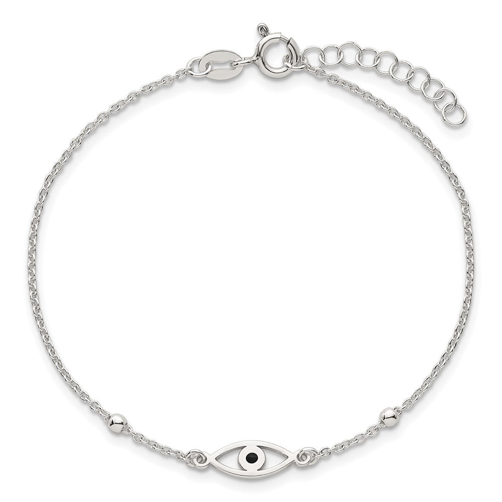 Sterling Silver Polished Black Enamel Evil Eye w/1in Ext Bracelet