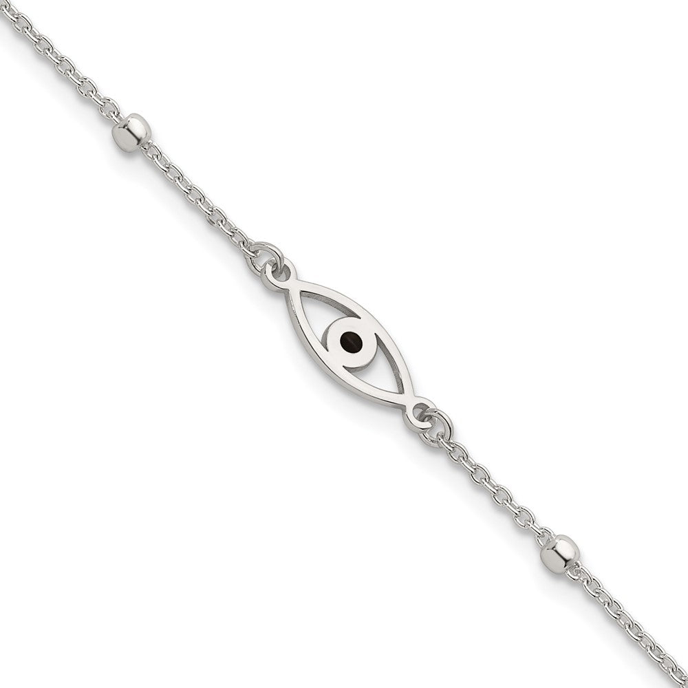 Sterling Silver Polished Black Enamel Evil Eye w/1in Ext Bracelet