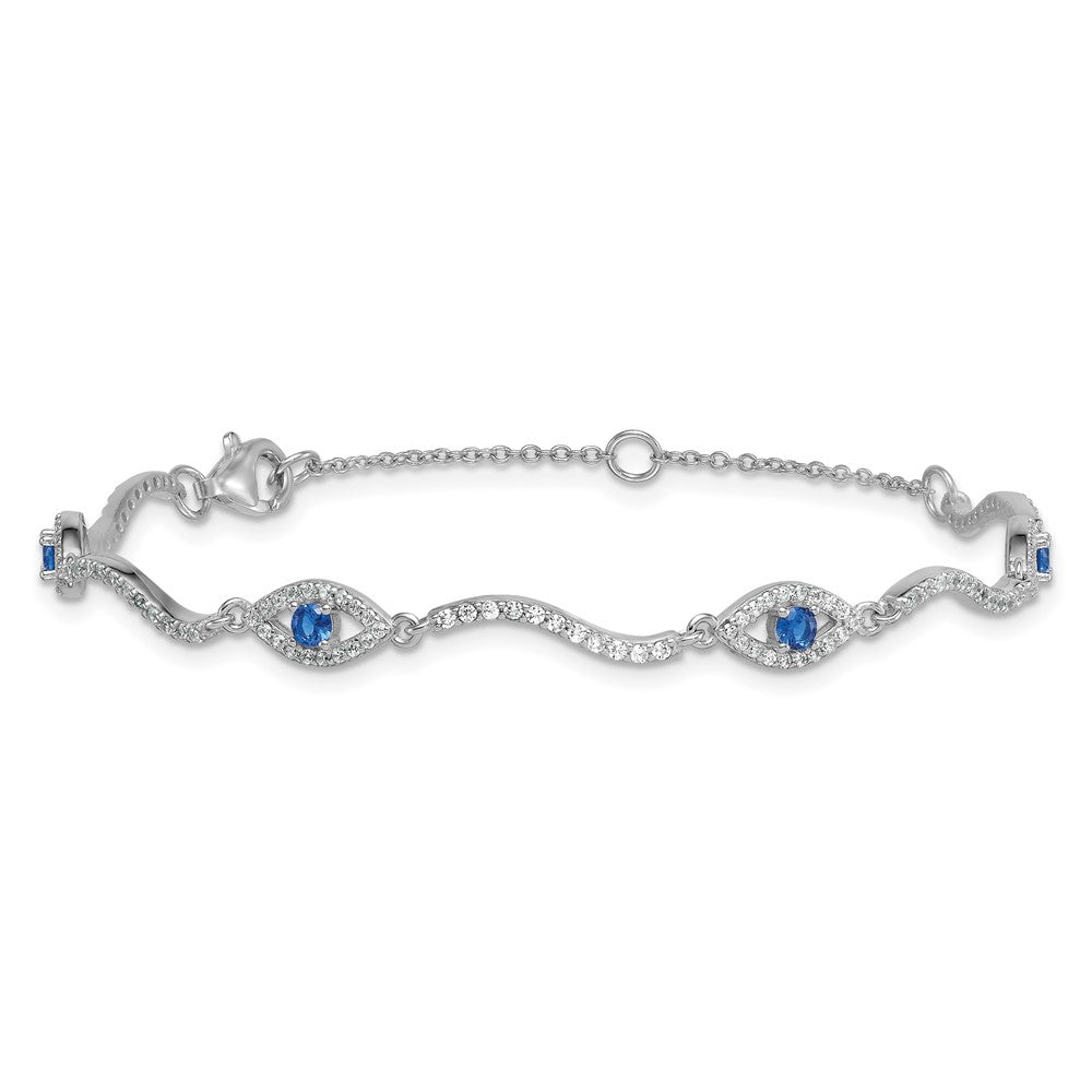 SS RH-plated Polished Lab Cr. Spinel CZ Evil Eye 6in w/2in Ext Bracelet